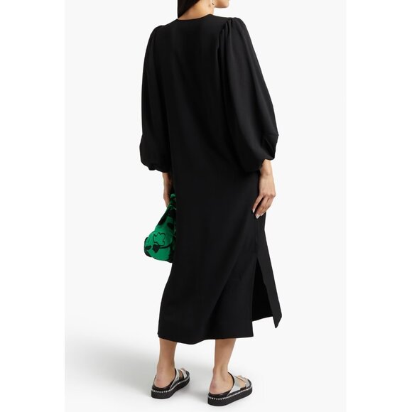 GANNI Crepe Midi Dress / Size 38 / US 6 / Black Slit Volumous Sleeves - Picture 2 of 9